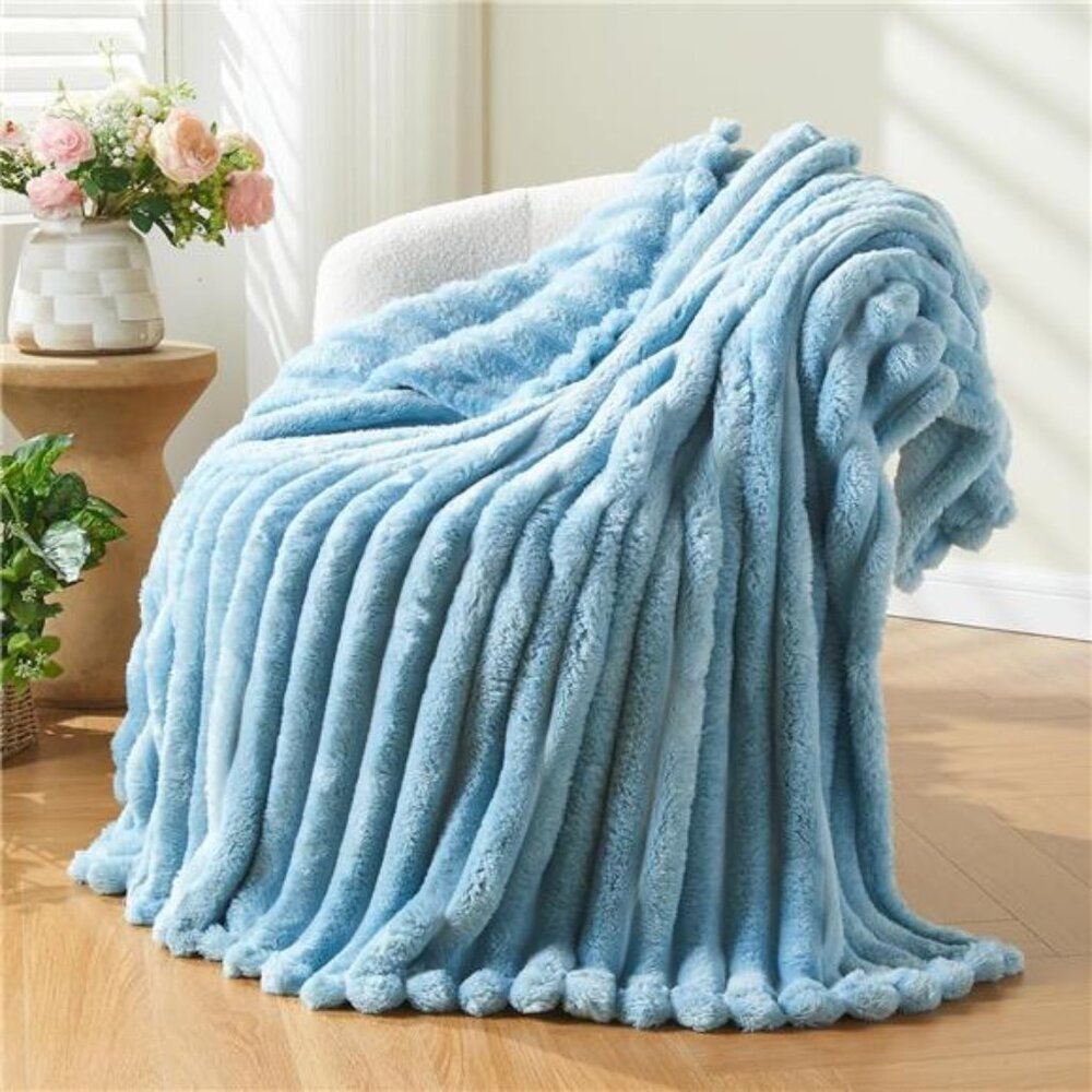 Super Soft Throw Blanket Blue Ribbed Premium Silky Flannel Fleece 50"x60"